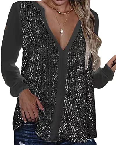 Minetom Langarmshirt Damen Glänzend Pailletten T-Shirt Langarm Blusen V-Ausschnitt Lose Oversize Shirt Casual Oberteile Top B Schwarz XXL von Minetom