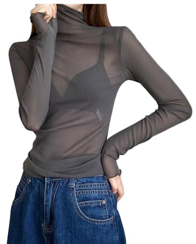 Minetom Langarmshirt Damen Sexy Mesh Oberteile Langarm Durchsichtige T-Shirt Rollkragen Transparent Tüll Hemd Shirt Casual Bluse Party Tops B Grau L von Minetom