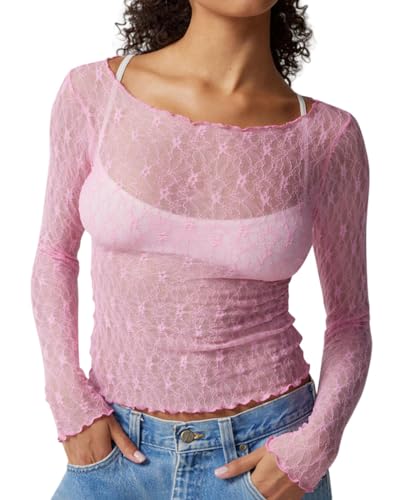 Minetom Langarmshirt Damen Sexy Mesh Spitze Oberteile Langarm Durchsichtige T-Shirt Transparent Tüll Hemd Shirt Casual Bluse Party Tops Clubwear A Rosa L von Minetom