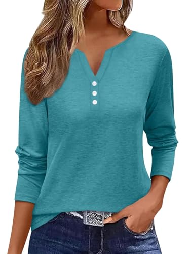 Minetom Langarmshirt Damen Tshirt Sommer Pullover V Ausschnitt Klassische Sweatshirt Casual Basic Shirt Turquoise L von Minetom