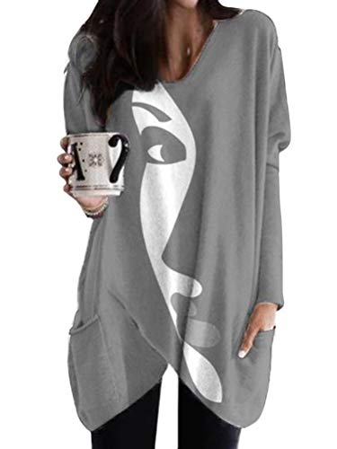 Minetom Langarmshirt Damen V-Ausschnitt Druck Lose Langarm Oberteile Oversize Lang Sweatshirt Tops Asymmetrisch Saum Jumper Pullover Mit Taschen A Grau XXL Minetom Langarmshirt Damen V-Ausschnitt Druck Lose Langarm Oberteile Oversize Lang Sweatshirt Tops Asymmetrisch Saum Jumper Pullover Mit Taschen A Grau XXL von Minetom