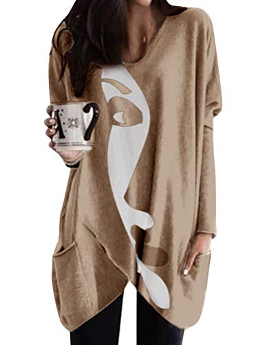 Minetom Langarmshirt Damen V-Ausschnitt Druck Lose Langarm Oberteile Oversize Lang Sweatshirt Tops Asymmetrisch Saum Jumper Pullover Mit Taschen A Khaki L Minetom Langarmshirt Damen V-Ausschnitt Druck Lose Langarm Oberteile Oversize Lang Sweatshirt Tops Asymmetrisch Saum Jumper Pullover Mit Taschen A Khaki L von Minetom
