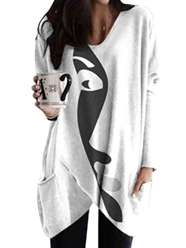 Minetom Langarmshirt Damen V-Ausschnitt Druck Lose Langarm Oberteile Oversize Lang Sweatshirt Tops Asymmetrisch Saum Jumper Pullover Mit Taschen A Weiß 5XL Minetom Langarmshirt Damen V-Ausschnitt Druck Lose Langarm Oberteile Oversize Lang Sweatshirt Tops Asymmetrisch Saum Jumper Pullover Mit Taschen A Weiß 5XL von Minetom