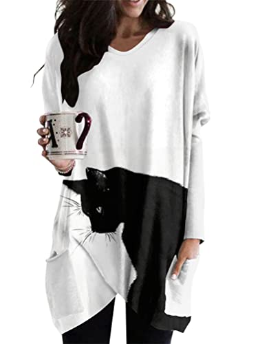 Minetom Langarmshirt Damen V-Ausschnitt Druck Lose Langarm Oberteile Oversize Lang Sweatshirt Tops Asymmetrisch Saum Jumper Pullover Mit Taschen B1 Schwarz Weiß 3XL von Minetom