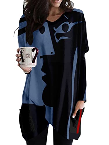 Minetom Langarmshirt Damen V-Ausschnitt Druck Lose Langarm Oberteile Oversize Lang Sweatshirt Tops Asymmetrisch Saum Jumper Pullover Mit Taschen B2 Blau 4XL Minetom Langarmshirt Damen V-Ausschnitt Druck Lose Langarm Oberteile Oversize Lang Sweatshirt Tops Asymmetrisch Saum Jumper Pullover Mit Taschen B2 Blau 4XL von Minetom