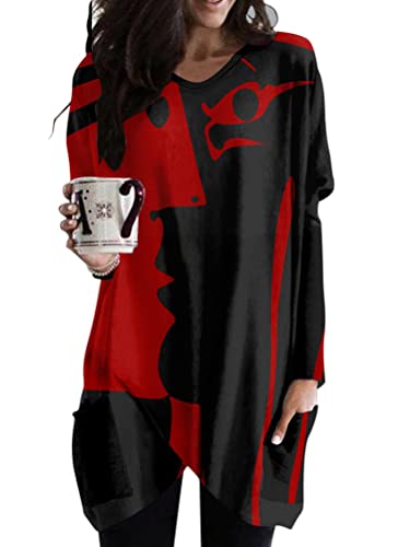 Minetom Langarmshirt Damen V-Ausschnitt Druck Lose Langarm Oberteile Oversize Lang Sweatshirt Tops Asymmetrisch Saum Jumper Pullover Mit Taschen B2 Rot 3XL von Minetom