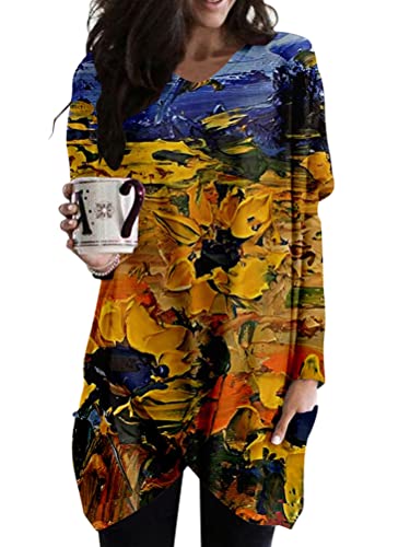 Minetom Langarmshirt Damen V-Ausschnitt Druck Lose Langarm Oberteile Oversize Lang Sweatshirt Tops Asymmetrisch Saum Jumper Pullover Mit Taschen B3 Gelb 3XL Minetom Langarmshirt Damen V-Ausschnitt Druck Lose Langarm Oberteile Oversize Lang Sweatshirt Tops Asymmetrisch Saum Jumper Pullover Mit Taschen B3 Gelb 3XL von Minetom