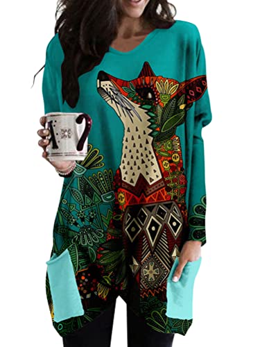 Minetom Langarmshirt Damen V-Ausschnitt Druck Lose Langarm Oberteile Oversize Lang Sweatshirt Tops Asymmetrisch Saum Jumper Pullover Mit Taschen B3 Grün S Minetom Langarmshirt Damen V-Ausschnitt Druck Lose Langarm Oberteile Oversize Lang Sweatshirt Tops Asymmetrisch Saum Jumper Pullover Mit Taschen B3 Grün S von Minetom