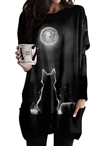 Minetom Langarmshirt Damen V-Ausschnitt Druck Lose Langarm Oberteile Oversize Lang Sweatshirt Tops Asymmetrisch Saum Jumper Pullover Mit Taschen K Schwarz 04 XL von Minetom