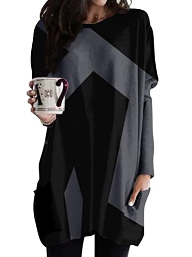 Minetom Langarmshirt Damen V-Ausschnitt Druck Lose Langarm Oberteile Oversize Lang Sweatshirt Tops Asymmetrisch Saum Jumper Pullover Mit Taschen L Grau 3XL von Minetom