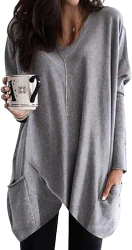 Minetom Langarmshirt Damen V-Ausschnitt Druck Lose Langarm Oberteile Oversize Lang Sweatshirt Tops Asymmetrisch Saum Pullover Mit Taschen M Grau M von Minetom