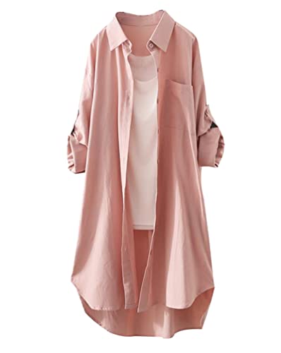 Minetom Lange Bluse Damen Lang Kariert Shirt Frühling Revers Langarmshirt Knopfleiste Hemd Oversize Hemdbluse Lose Longbluse Blusenshirt Oberteile Tops B Rosa XL von Minetom