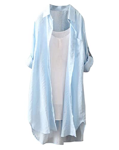 Minetom Lange Bluse Damen Lang Kariert Shirt Frühling Revers Langarmshirt Knopfleiste Hemd Oversize Hemdbluse Lose Longbluse Blusenshirt Oberteile Tops K Blau XXL von Minetom