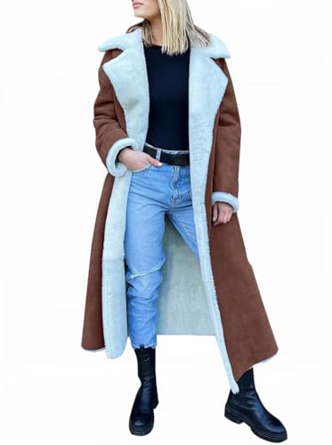 Minetom Lange Mäntel Damen Winterjacke Revers Parka Elegant Trenchcoat Jacke Plüschjacke Plüschmantel Warm Fleece Gefüttert Lederjacke Knöpfe Mantel A Braun M von Minetom