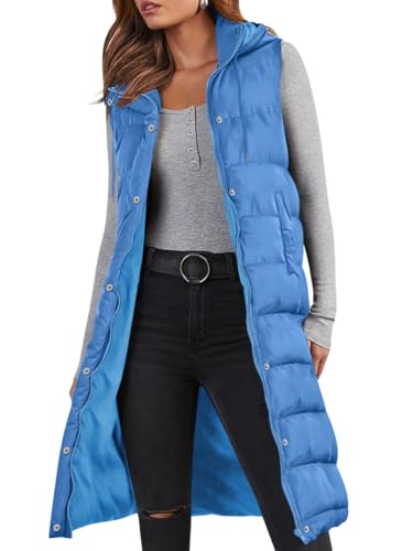 Minetom Lange Steppweste Damen Ärmellos Weste Mit Kapuze Einfarbig Winterjacke Wintermantel Reißverschluss Steppjacke Locker Longweste Steppmantel Kapuzenjacke Taschen A Blau XS von Minetom