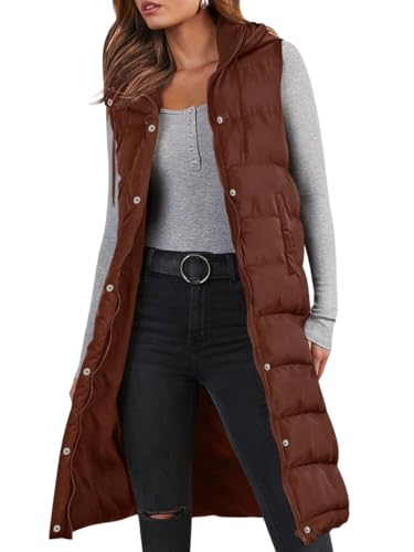 Minetom Lange Steppweste Damen Ärmellos Weste Mit Kapuze Einfarbig Winterjacke Wintermantel Reißverschluss Steppjacke Locker Longweste Steppmantel Kapuzenjacke Taschen A Braun L von Minetom