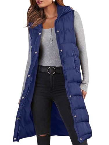 Minetom Lange Steppweste Damen Ärmellos Weste Mit Kapuze Einfarbig Winterjacke Wintermantel Reißverschluss Steppjacke Locker Longweste Steppmantel Kapuzenjacke Taschen A Dunkelblau L von Minetom