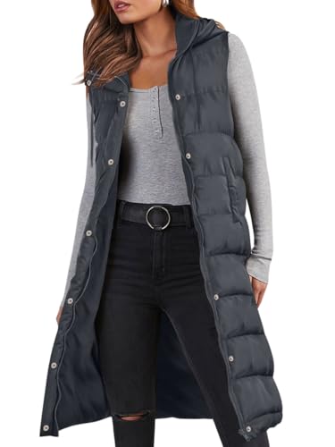 Minetom Lange Steppweste Damen Ärmellos Weste Mit Kapuze Einfarbig Winterjacke Wintermantel Reißverschluss Steppjacke Locker Longweste Steppmantel Kapuzenjacke Taschen A Dunkelgrau 3XL von Minetom