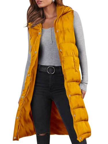 Minetom Lange Steppweste Damen Ärmellos Weste Mit Kapuze Einfarbig Winterjacke Wintermantel Reißverschluss Steppjacke Locker Longweste Steppmantel Kapuzenjacke Taschen A Gelb XXL von Minetom