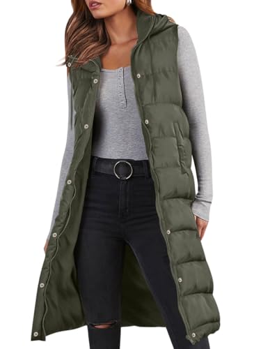 Minetom Lange Steppweste Damen Ärmellos Weste Mit Kapuze Einfarbig Winterjacke Wintermantel Reißverschluss Steppjacke Locker Longweste Steppmantel Kapuzenjacke Taschen A Grün L von Minetom