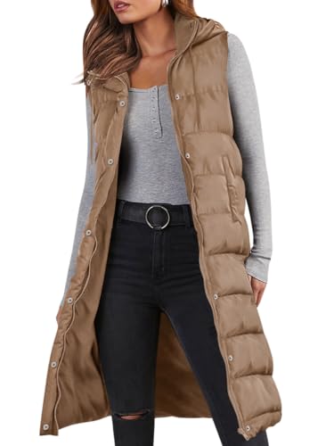 Minetom Lange Steppweste Damen Ärmellos Weste Mit Kapuze Einfarbig Winterjacke Wintermantel Reißverschluss Steppjacke Locker Longweste Steppmantel Kapuzenjacke Taschen A Khaki XXL von Minetom