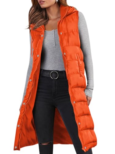Minetom Lange Steppweste Damen Ärmellos Weste Mit Kapuze Einfarbig Winterjacke Wintermantel Reißverschluss Steppjacke Locker Longweste Steppmantel Kapuzenjacke Taschen A Orange M von Minetom