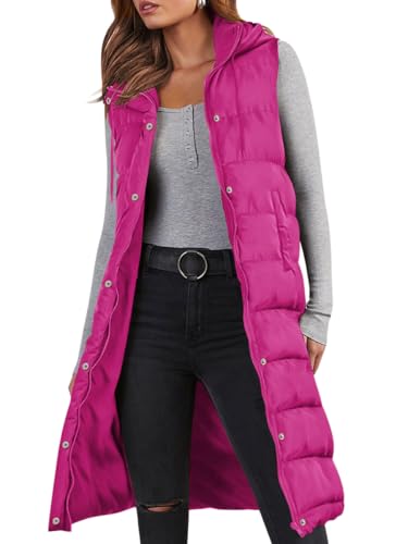 Minetom Lange Steppweste Damen Ärmellos Weste Mit Kapuze Einfarbig Winterjacke Wintermantel Reißverschluss Steppjacke Locker Longweste Steppmantel Kapuzenjacke Taschen A Rosa XXL von Minetom