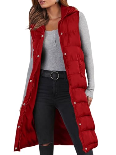 Minetom Lange Steppweste Damen Ärmellos Weste Mit Kapuze Einfarbig Winterjacke Wintermantel Reißverschluss Steppjacke Locker Longweste Steppmantel Kapuzenjacke Taschen A Rot XXL von Minetom