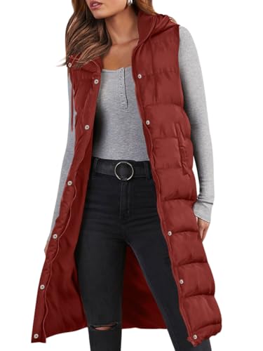 Minetom Lange Steppweste Damen Ärmellos Weste Mit Kapuze Einfarbig Winterjacke Wintermantel Reißverschluss Steppjacke Locker Longweste Steppmantel Kapuzenjacke Taschen A Weinrot M von Minetom