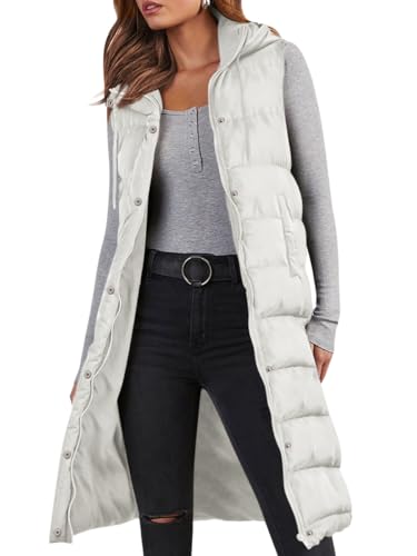 Minetom Lange Steppweste Damen Ärmellos Weste Mit Kapuze Einfarbig Winterjacke Wintermantel Reißverschluss Steppjacke Locker Longweste Steppmantel Kapuzenjacke Taschen A Weiß 3XL von Minetom