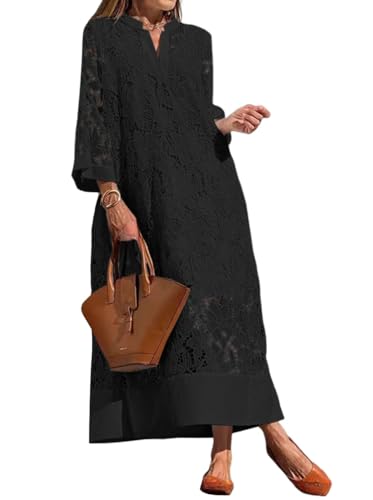 Minetom Langes Kleid Damen 3/4 Ärmel Floral Spitzenkleid V-Ausschnitt Strandkleid Boho Lose Partykleid Maxikleid Freizeitkleid A Schwarz 3XL von Minetom