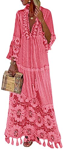 Minetom Langes Kleid Damen 3/4 Ärmel Floral Spitzenkleid V-Ausschnitt Strandkleid Boho Vintage Party Maxikleid Cocktailkleid Rosa 40 von Minetom