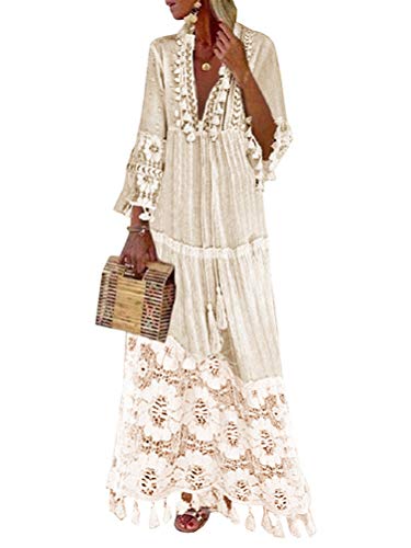 Minetom Langes Kleid Damen 3/4 Ärmel Floral Spitzenkleid V-Ausschnitt Strandkleid Boho Vintage Party Maxikleid Cocktailkleid Beige 38 Minetom Langes Kleid Damen 3/4 Ärmel Floral Spitzenkleid V-Ausschnitt Strandkleid Boho Vintage Party Maxikleid Cocktailkleid Beige 38 von Minetom