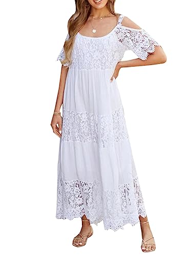 Minetom Langes Kleid Damen Ärmellos Spitze Kleid V-Ausschnitt Strandkleid Sommerkleid Boho Party Partykleid Maxikleid Cocktailkleid Wickelkleid Z2 Weiß 34 von Minetom