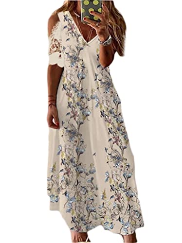 Minetom Langes Kleid Damen Kurzarm Floral Druck Spitze Kleid V-Ausschnitt Strandkleid Sommerkleid Boho Party Maxikleid Cocktailkleid Z1 Beige 34 von Minetom