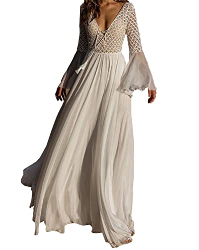 Minetom Langes Kleid Damen Langarm Spitzenkleid V-Ausschnitt Strandkleid Boho Chiffon Urlaub Party Maxikleid A Weiß M von Minetom