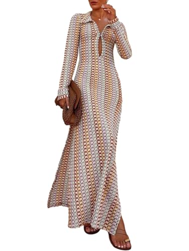 Minetom Langes Kleid Damen Langarm Strandkleid Gestrickte Crochet V-Ausschnitt Sommerkleid Boho Urlaub Party Maxikleid Freizeitkleid A Braun L von Minetom