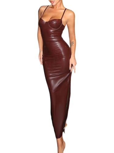 Minetom Langes Kleid Damen Lederkleid Ärmellos PU Leder Bleistiftkleid Festlich Etuikleid Stretch Bodycon Clubwear Cocktail Party Abend Kleider J Rot L von Minetom