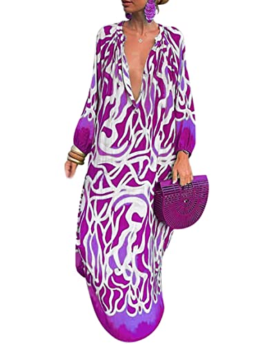 Minetom Langes Kleid Damen V-Ausschnitt Strandkleid Boho Druck Party Maxikleid Freizeitkleid Sommerkleid A2 Violett L von Minetom