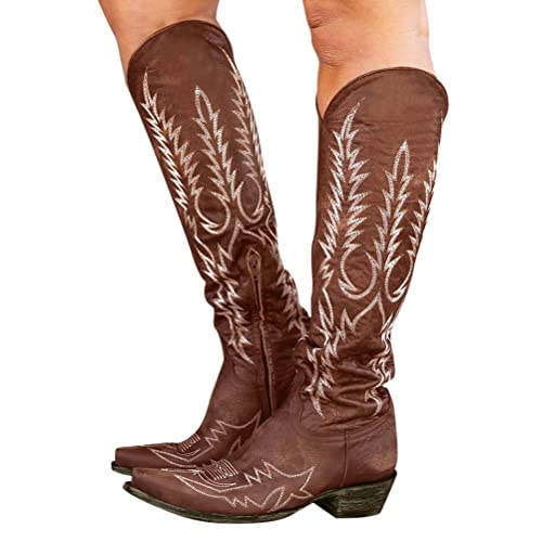 Minetom Langschaft Stiefel Damen Cowboy Stiefel Retro Reißverschluß Boots Blockabsatz Winter Herbst Stiefel Westernstiefel Halbhohe Stiefel B Braun 38 EU von Minetom