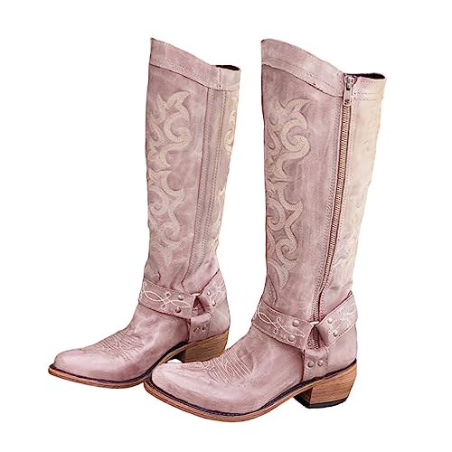 Minetom Langschaft Stiefel Damen Cowboy Stiefel Retro Reißverschluß Boots Blockabsatz Winter Herbst Stiefel Westernstiefel Halbhohe Stiefel C Rosa 36 EU von Minetom