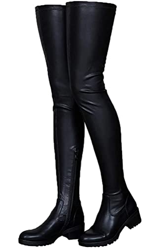 Minetom Langschaft Stiefel Damen PU Overknee Stiefel Schlupf Winterstiefel Reißverschluß Boots Blockabsatz Gefüttert Winter Herbst A Schwarz 40 EU von Minetom