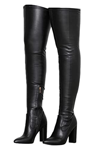 Minetom Langschaft Stiefel Damen PU Overknee Stiefel Schlupf Winterstiefel Reißverschluß Boots Blockabsatz Gefüttert Winter Herbst B Schwarz Plus Samt 42 EU von Minetom