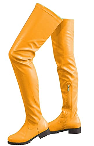 Minetom Langschaft Stiefel Damen PU Overknee Stiefel Schlupf Winterstiefel Reißverschluß Boots Blockabsatz Gefüttert Winter Herbst F Gelb 39 EU von Minetom