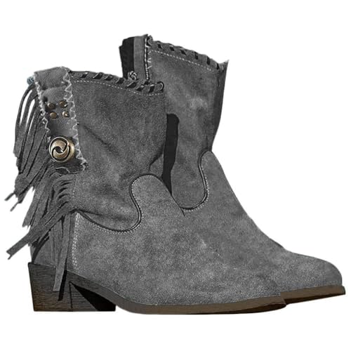 Minetom Langschaft Stiefel Damen Stiefeletten Wildleder Quaste Zipper Bootie Herbst Winter Stiefel Ankle Boots Westernstiefel Halbhohe Stiefel A Grau 42 EU von Minetom