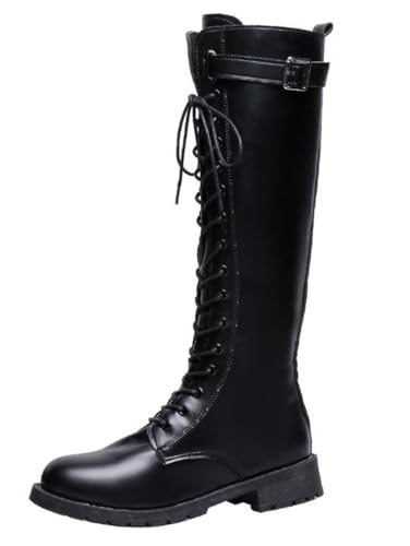 Minetom Langschaftstiefel Damen Herbst Winter Lange Stiefel Kunstleder Boots Winterschuhe Kniehohe Stiefel zum Schnüren A Schwarz 43 EU von Minetom