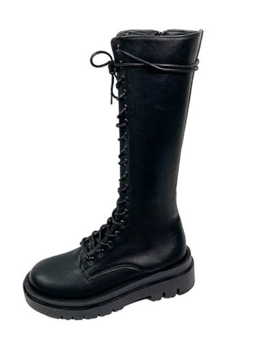 Minetom Langschaftstiefel Damen Herbst Winter Lange Stiefel Kunstleder Boots Winterschuhe Kniehohe Stiefel zum Schnüren B Schwarz 38 EU von Minetom