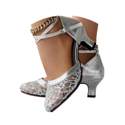 Minetom Latein Tanzschuhe Für Damen Pailletten Professionelle Ballsaal Party Salsa Tanzübung Geschlossen Performance Schuhe Abend Pumps A Silber 5 cm 37 EU von Minetom