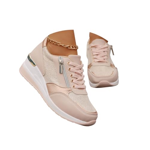 Minetom Laufschuhe Damen Turnschuhe Schnürschuhe Sneaker Freizeitschuhe Walkingschuhe Mit Seitlicher Reißverschluss A Rosa 40 EU von Minetom