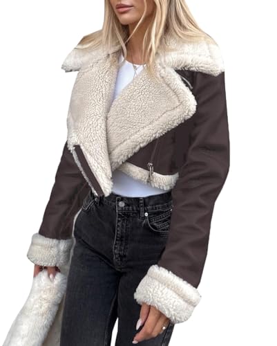 Minetom Lederjacke Damen Kurz Jacke Übergangsjacke Fleecejacke Kunstleder Boyfriend Moto Biker Jacke Langarm Herbst Winter Warm Kurze Mantel C Braun M von Minetom